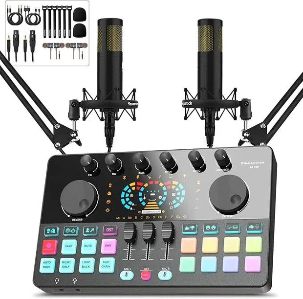 Podcast Production Kit (2-Piece Set) – Portable Audio Interface & DJ Mixer with Studio Mics