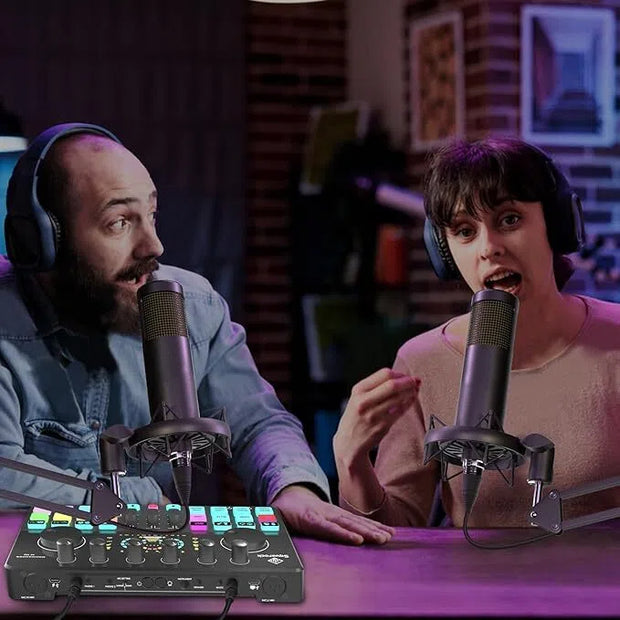 Podcast Production Kit (2-Piece Set) – Portable Audio Interface & DJ Mixer with Studio Mics